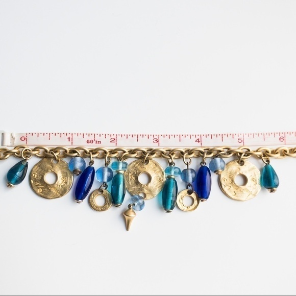 Chunky Gold Tone Charm Pendant Chain Necklace Blue Green Glass Deja Designs - Picture 12 of 13